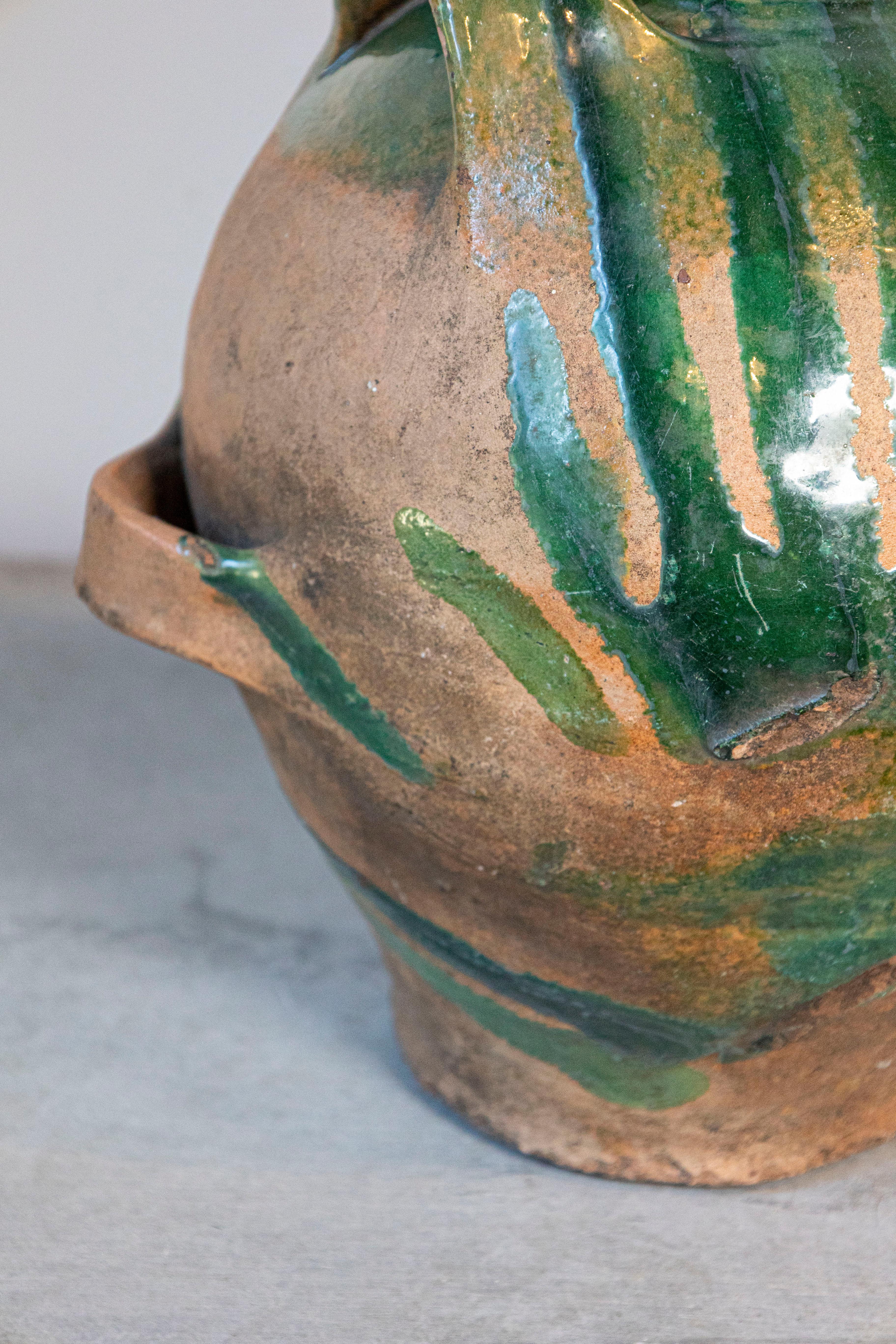 French Provincial 19th Century Green Glazed Pottery Jug with Dual Handles For Sale 2