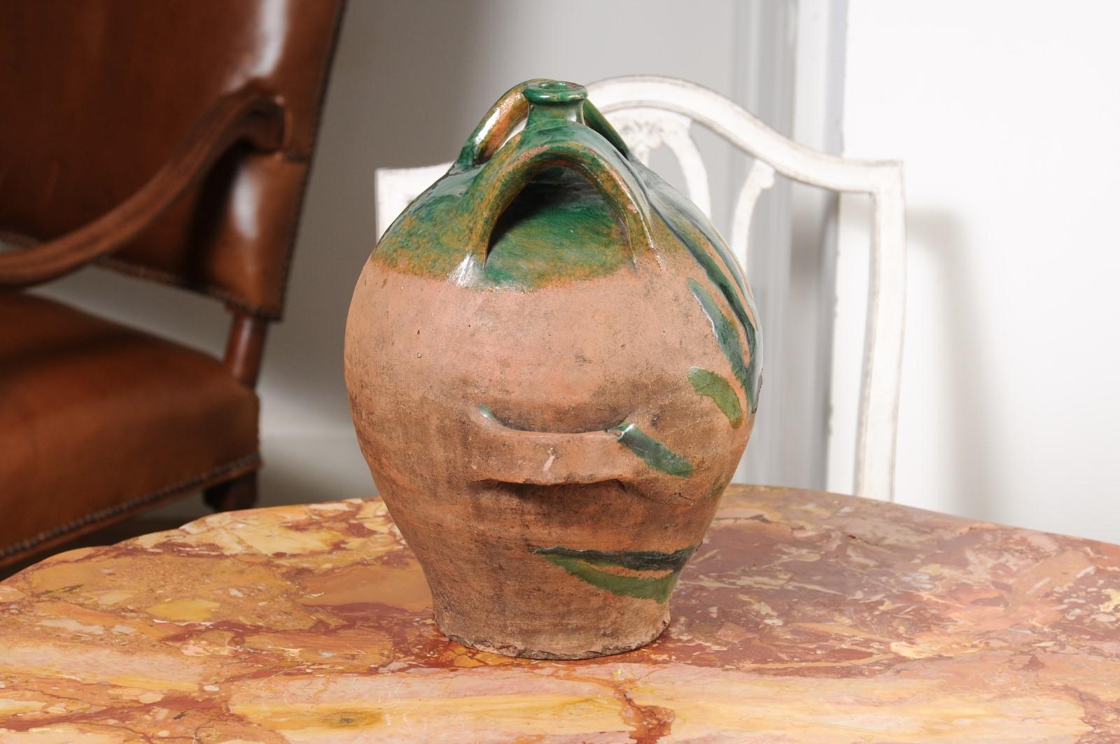 French Provincial 19th Century Green Glazed Pottery Jug with Dual Handles For Sale 3