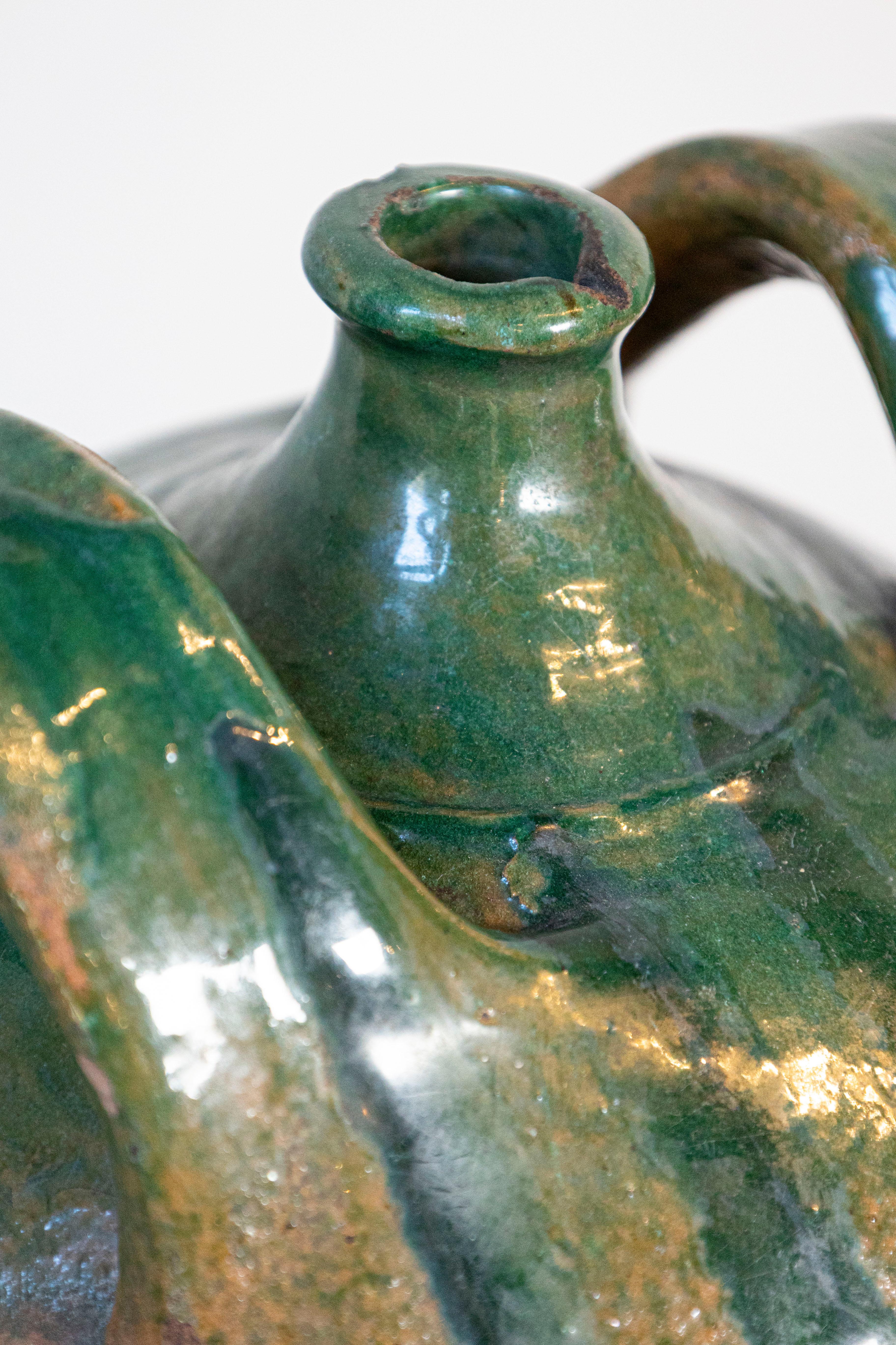 French Provincial 19th Century Green Glazed Pottery Jug with Dual Handles For Sale 3