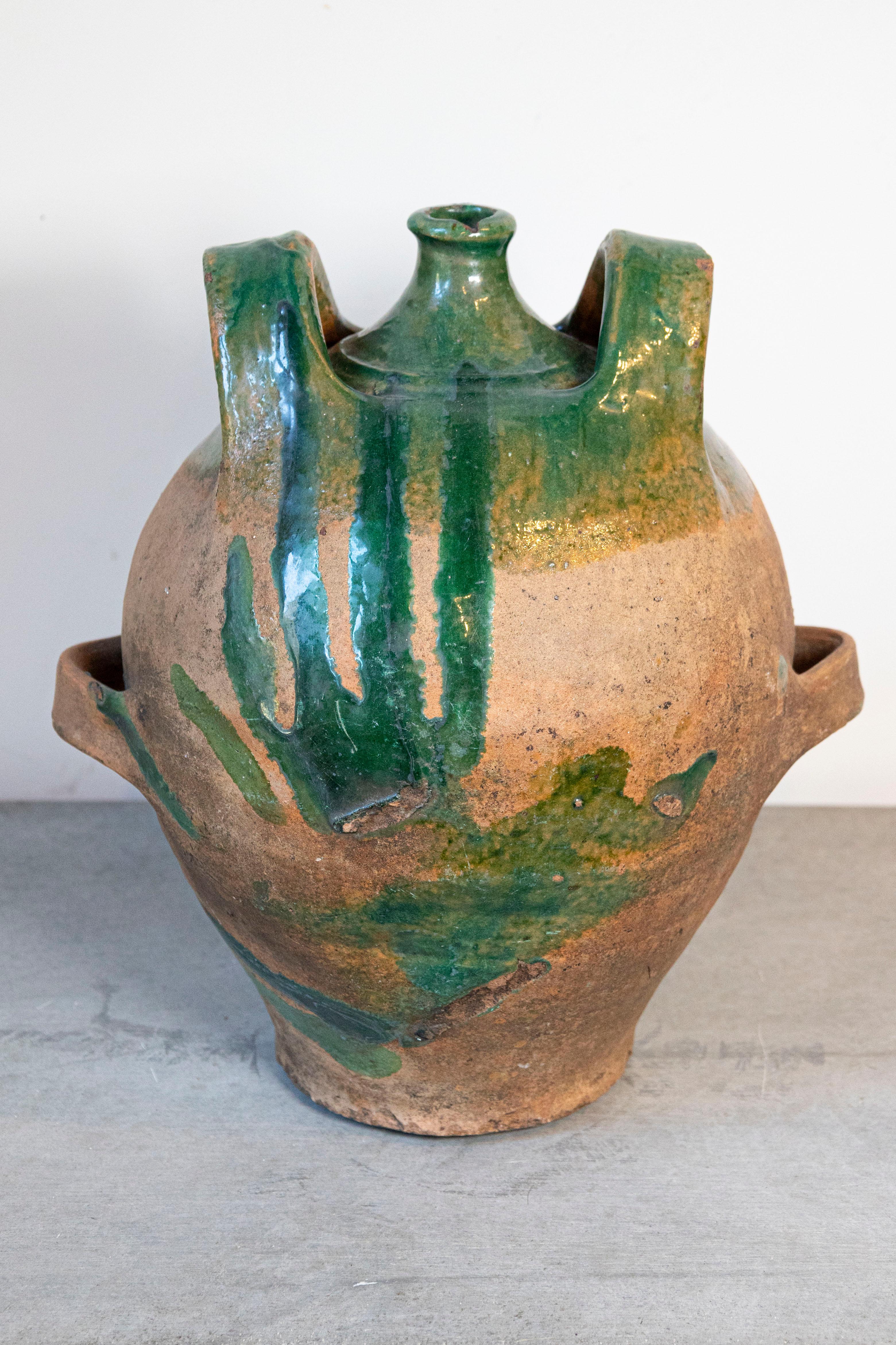 French Provincial 19th Century Green Glazed Pottery Jug with Dual Handles For Sale 4