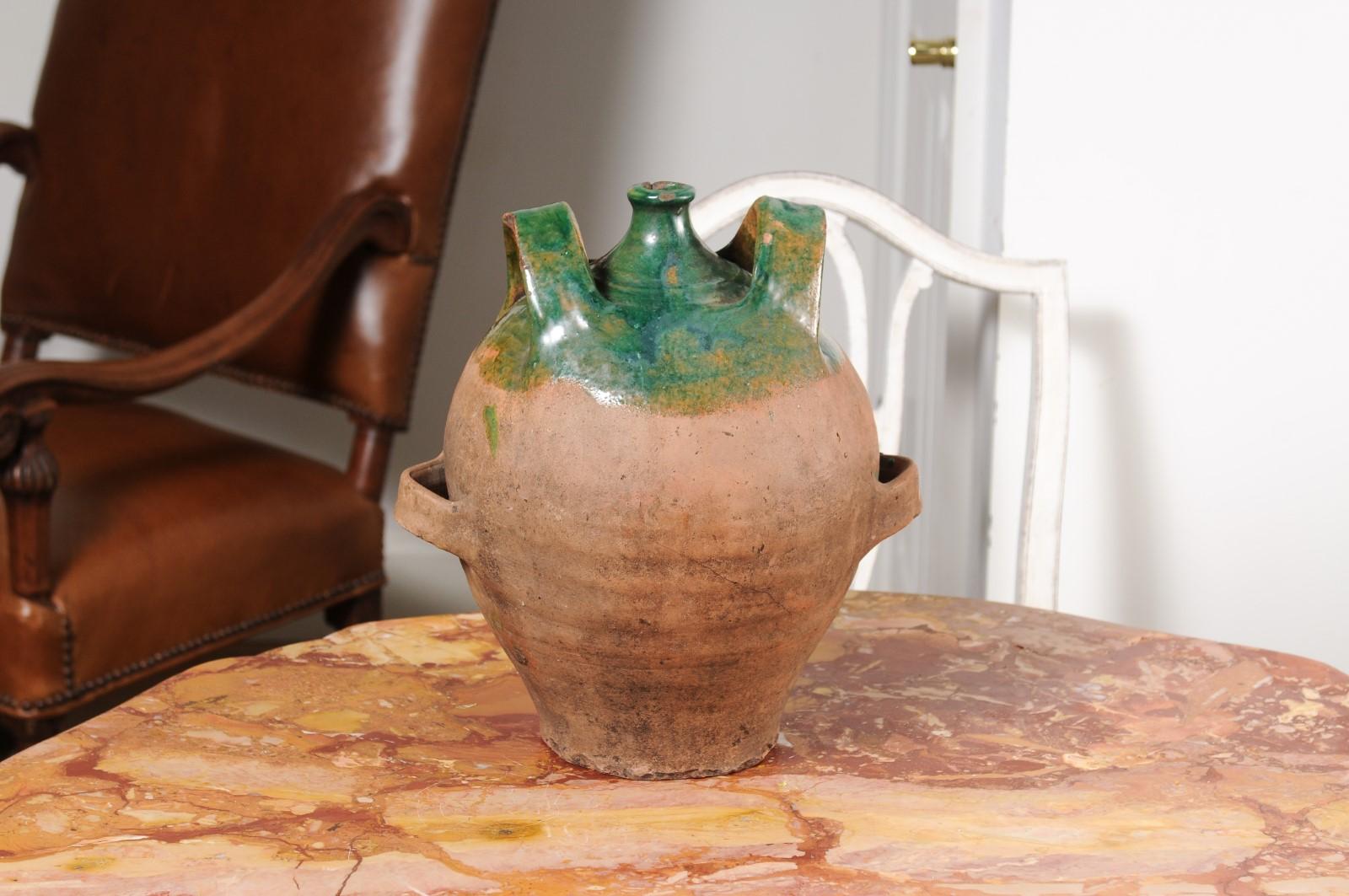 French Provincial 19th Century Green Glazed Pottery Jug with Dual Handles For Sale 5