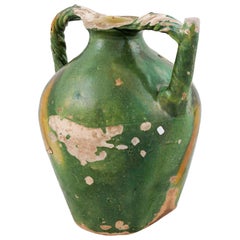 French Provincial 19th Century Green Glazed Pottery Jug with Twisted Handles