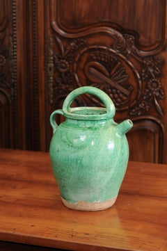 French Provincial 19th Century Green Glazed Pottery Lidded Jug with Handle