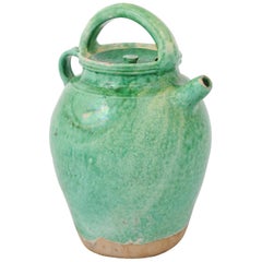 French Provincial 19th Century Green Glazed Pottery Lidded Jug with Handle