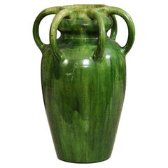 Antique French Provincial 19th Century Green Glazed Pottery Vase with Six Handles