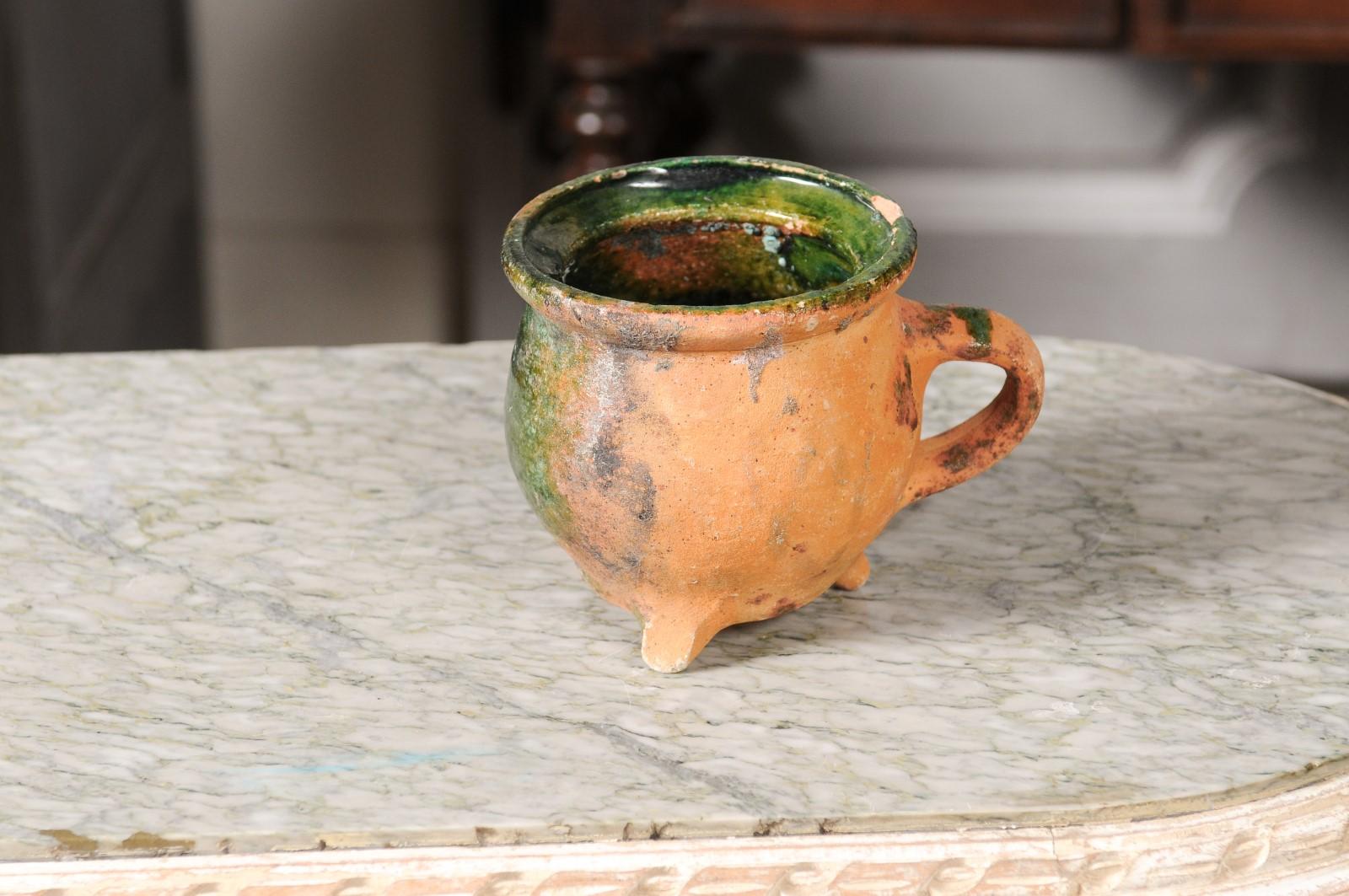 French Provincial 19th Century Green Glazed Pottery with Tripod Base and Handle For Sale 6