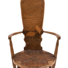 French Provincial 19th Century Inlaid High Back Armchair with Rustic Rush Seat