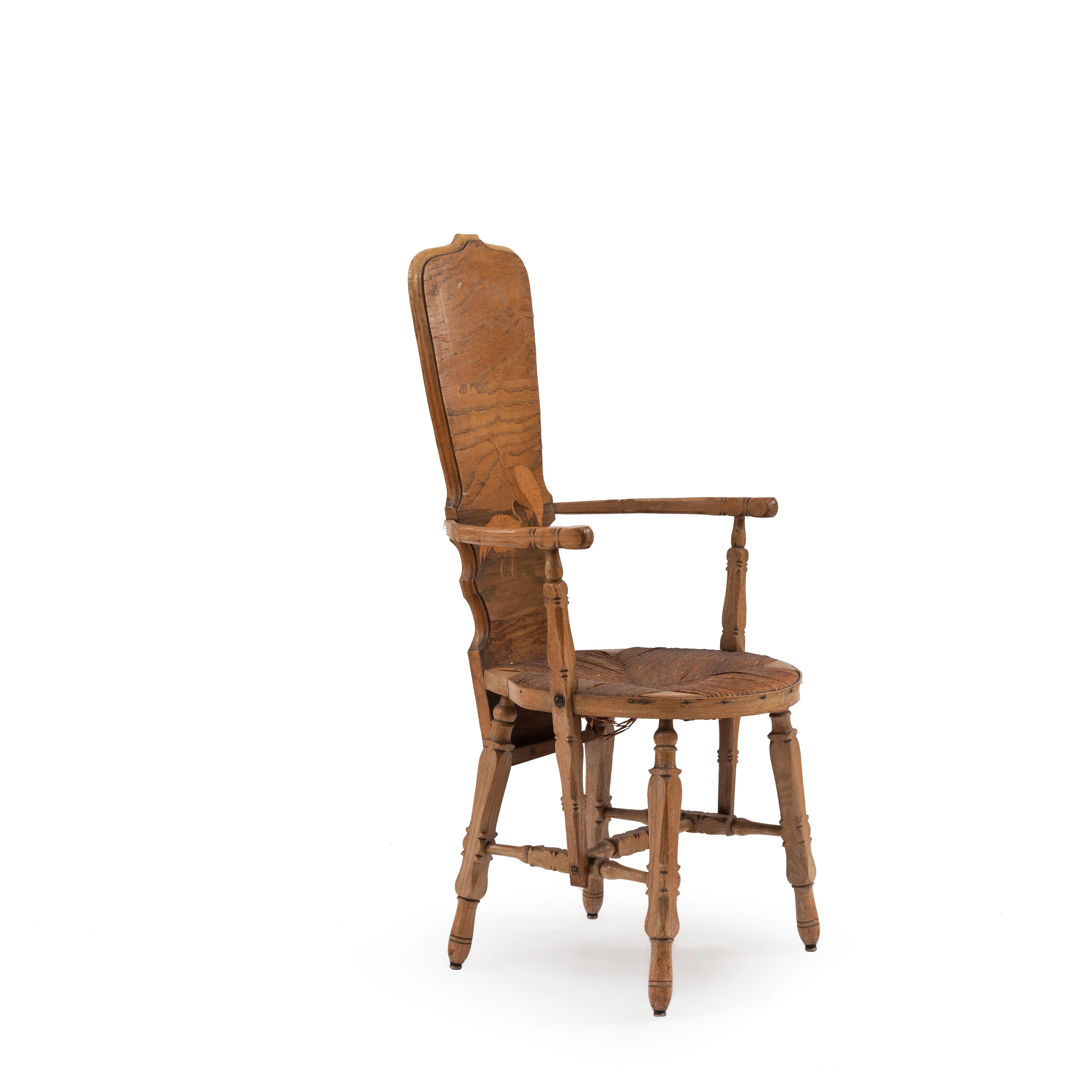 Inlay French Provincial 19th Century Inlaid High Back Armchair with Rustic Rush Seat For Sale