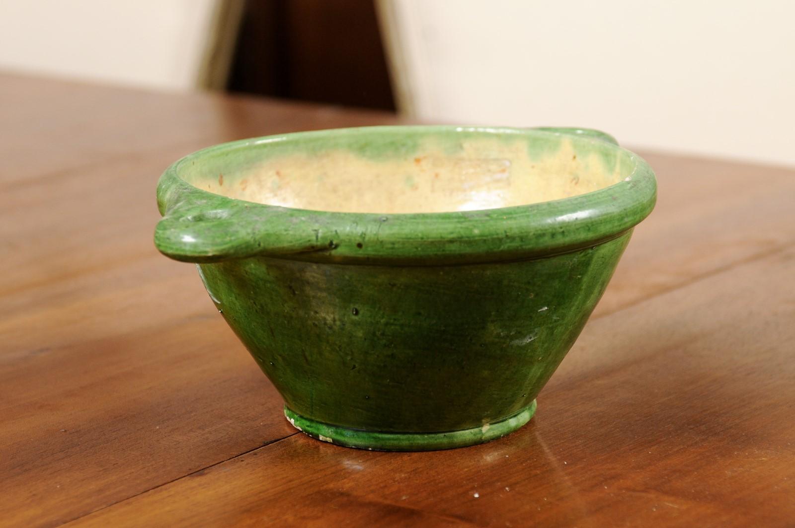 Glazed French Provincial 19th Century Pottery Bowl with Green Glaze and Side Handles