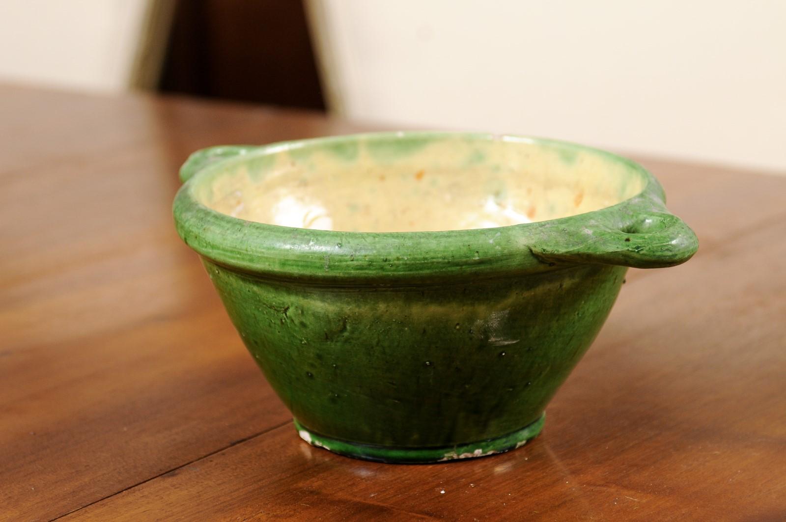 French Provincial 19th Century Pottery Bowl with Green Glaze and Side Handles 1
