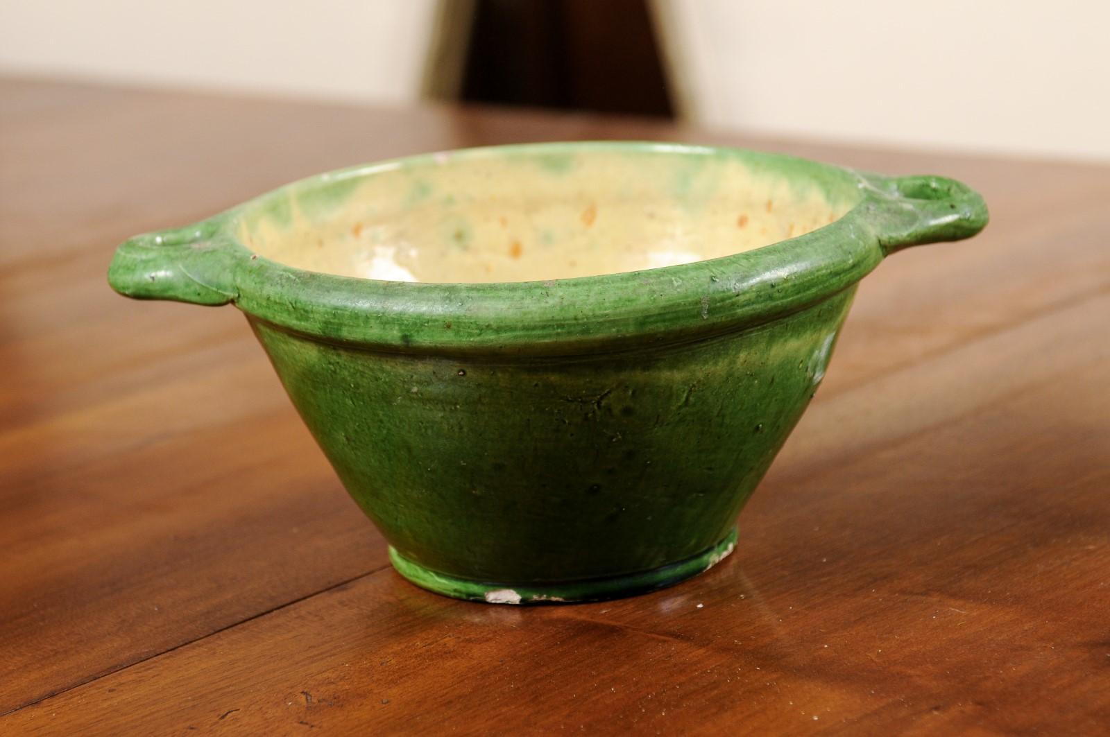 French Provincial 19th Century Pottery Bowl with Green Glaze and Side Handles 2