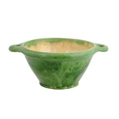 French Provincial 19th Century Pottery Bowl with Green Glaze and Side Handles