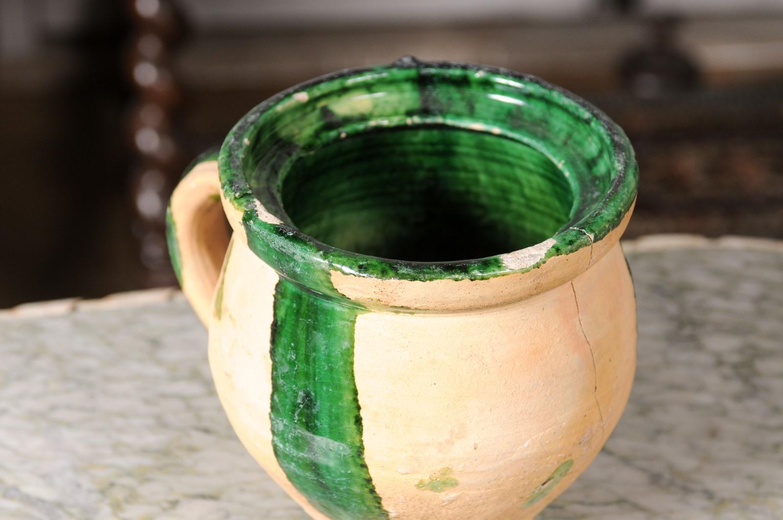 Glazed French Provincial 19th Century Pottery Cooking Pot with Partial Green Glaze For Sale