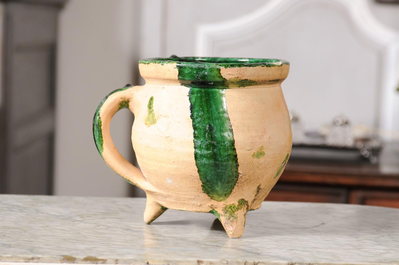 French Provincial 19th Century Pottery Cooking Pot with Partial Green Glaze In Good Condition For Sale In Atlanta, GA