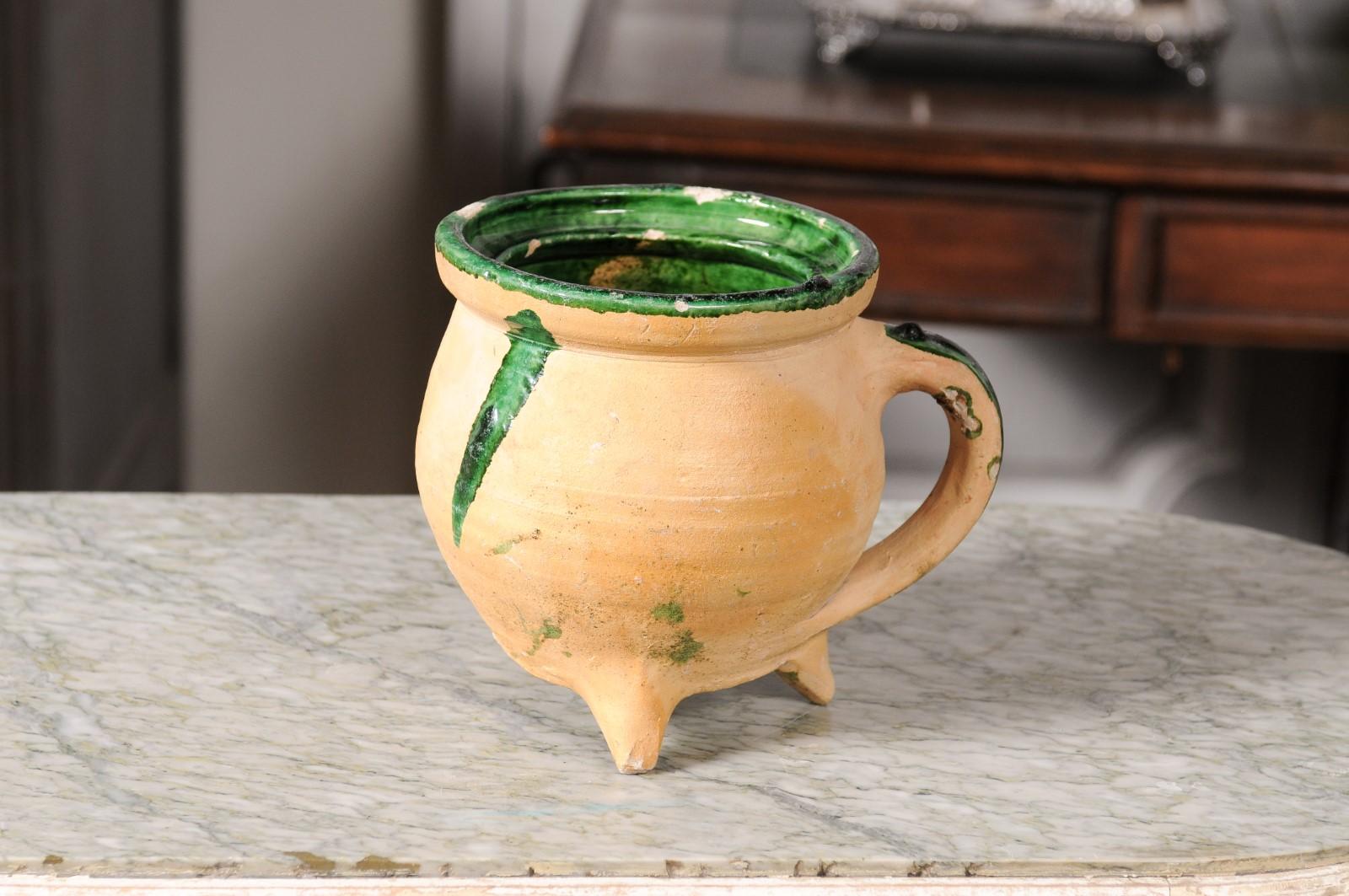 French Provincial 19th Century Pottery Cooking Pot with Partial Green Glaze For Sale 4