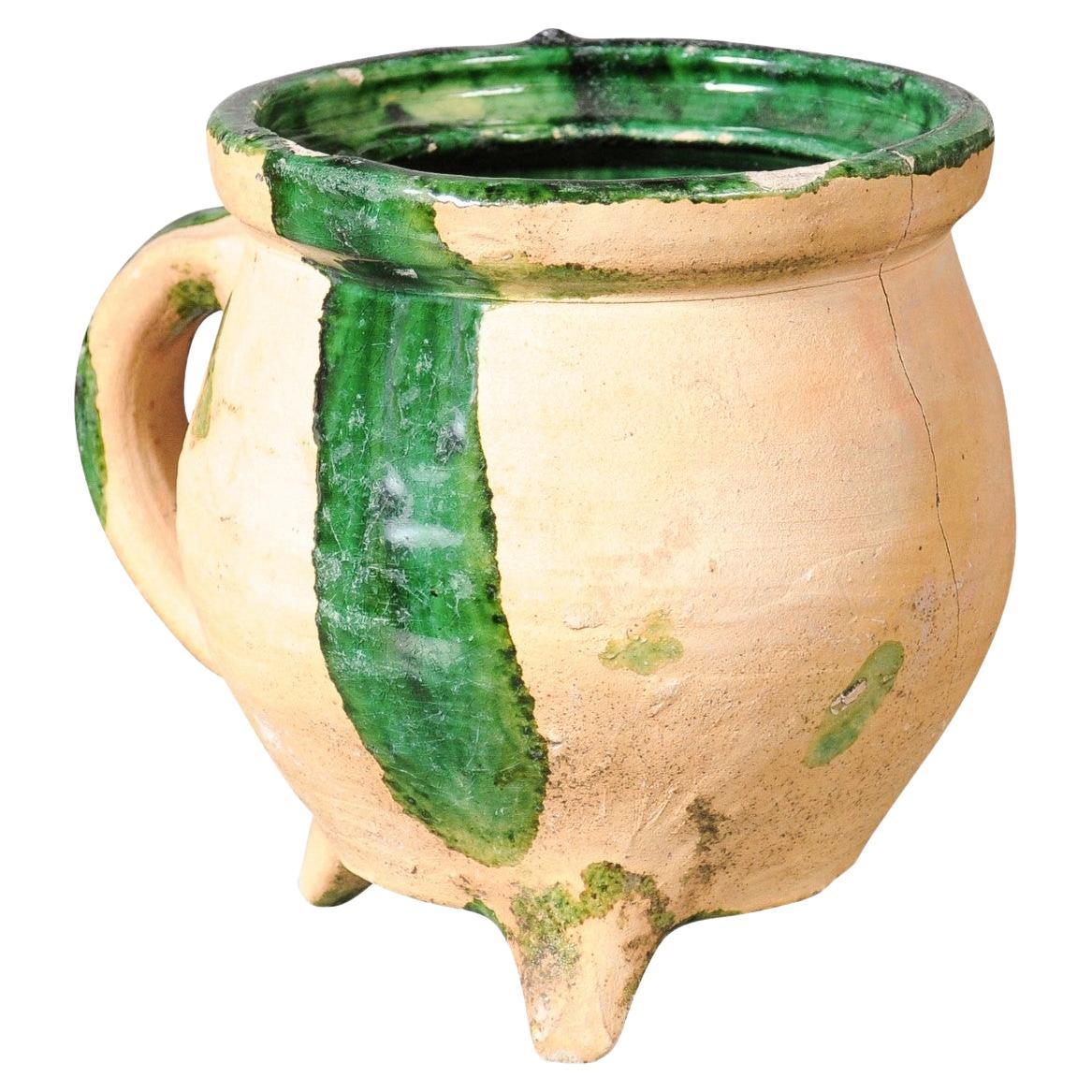 French Provincial 19th Century Pottery Cooking Pot with Partial Green Glaze For Sale