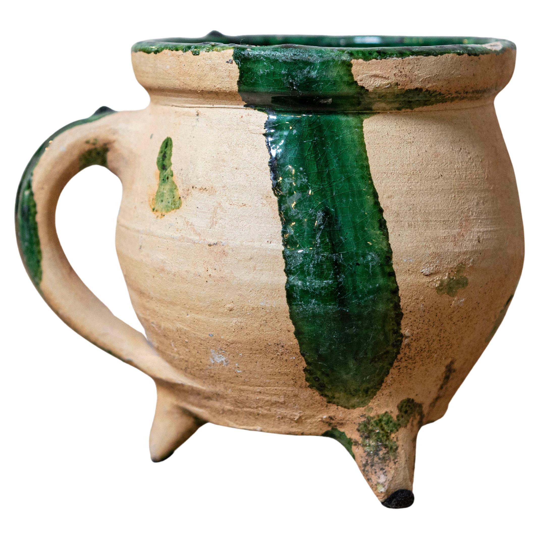 Pot à cuisine provincial français du 19ème siècle en poterie avec glaçure verte partielle