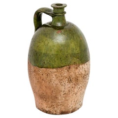 French Provincial 19th Century Pottery Jug with Green Glaze and Back Handle