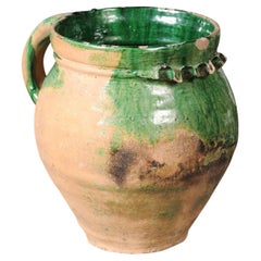Poterie provinciale française du 19ème siècle avec glaçure verte et poignée arrière
