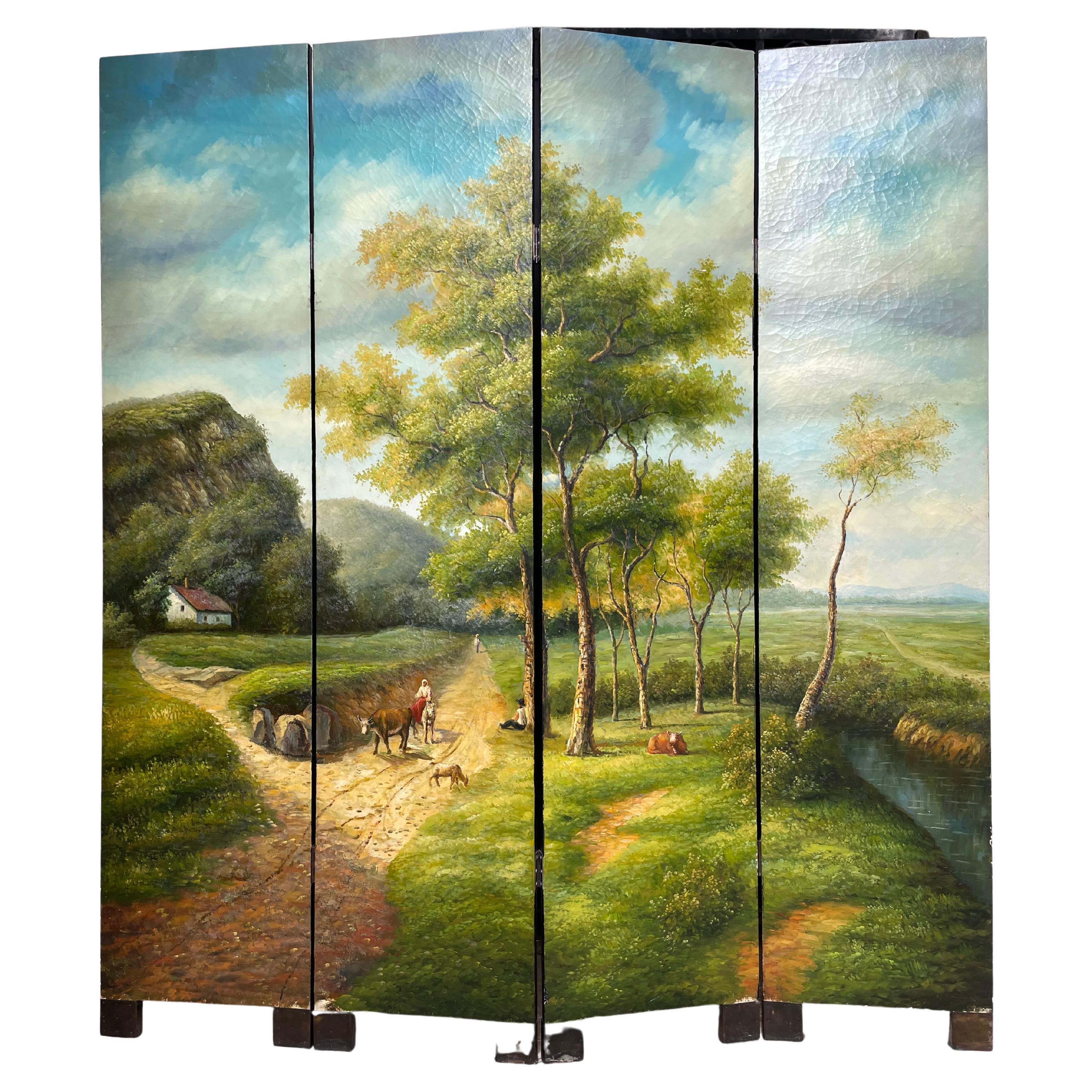 Vierblättriger Holzschirm. Das Öl auf Leinwand stellt eine französische Landschaftsszene aus dem 19. Jahrhundert dar. Ein wunderschöner wolkenblauer Himmel und eine grüne Landschaft, ein traditionelles Haus, Tiere und ein Bauer sind die fein