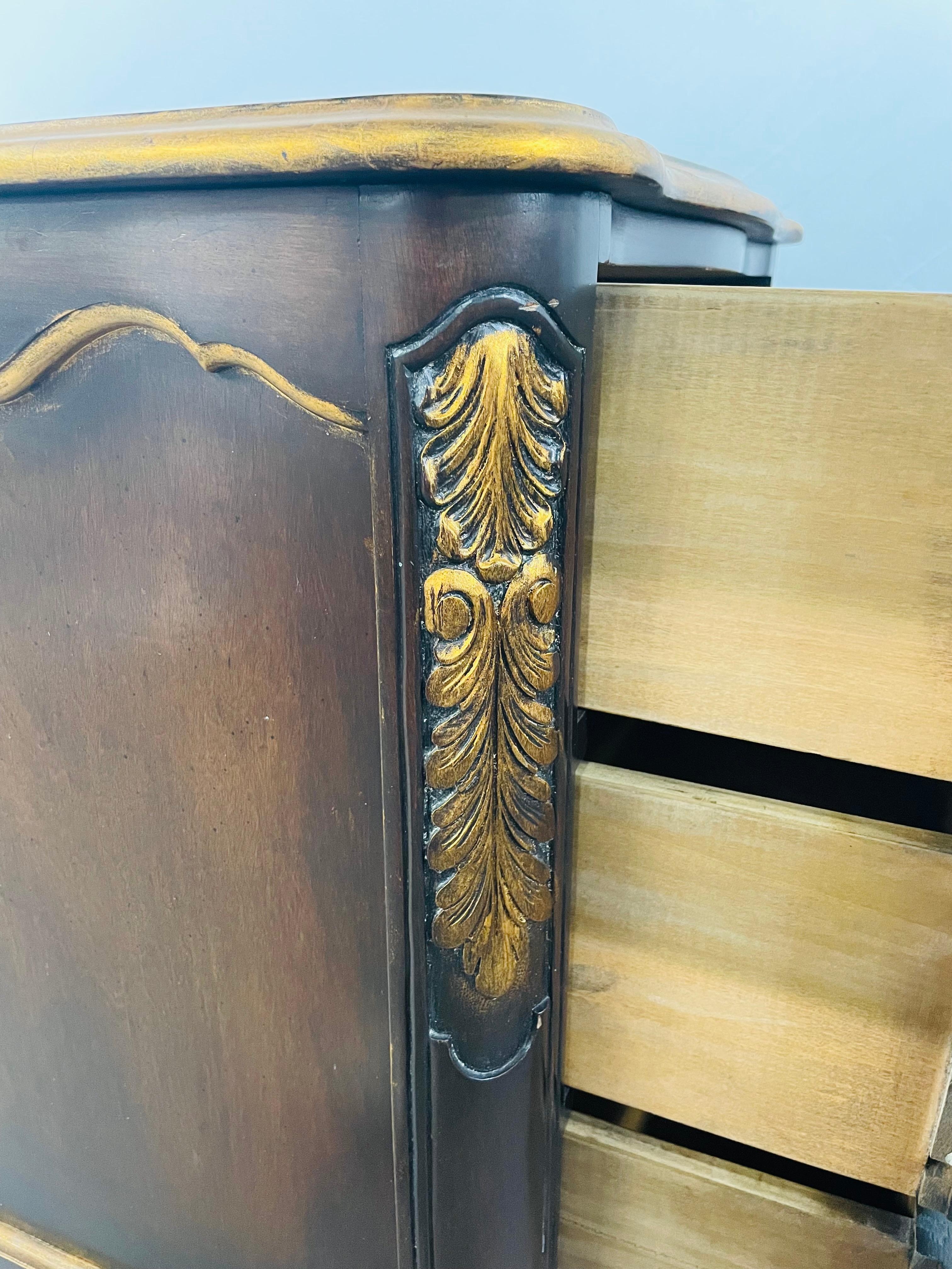 French Provincial 3 Drawer Mahogany Gilt Decorated Nightstand Table, a Pair 10