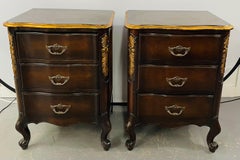 French Provincial 3 Drawer Mahogany Gilt Decorated Nightstand Table, a Pair