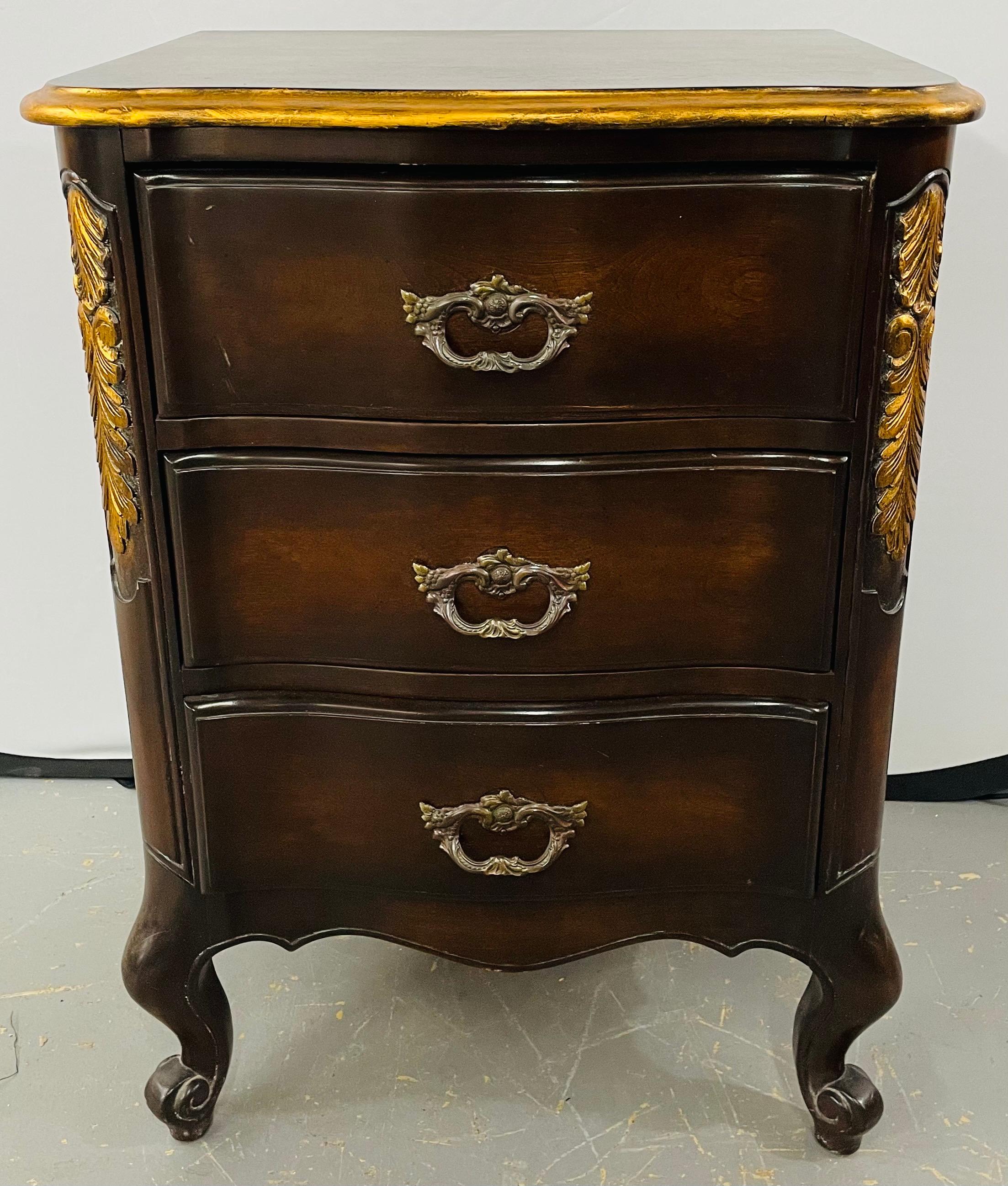 20th Century French Provincial 3 Drawer Mahogany Gilt Decorated Nightstand Table, a Pair