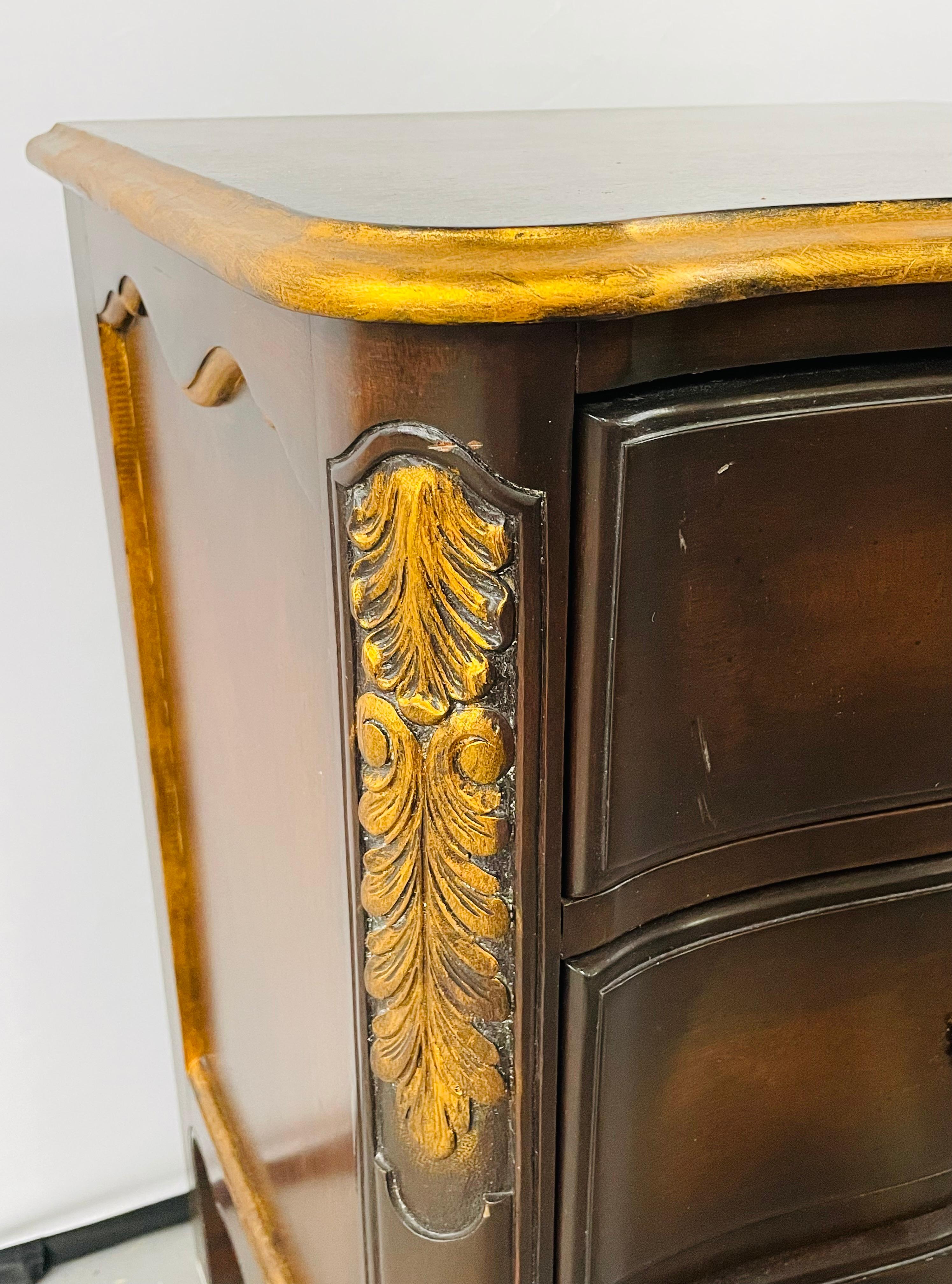 French Provincial 3 Drawer Mahogany Gilt Decorated Nightstand Table, a Pair 3