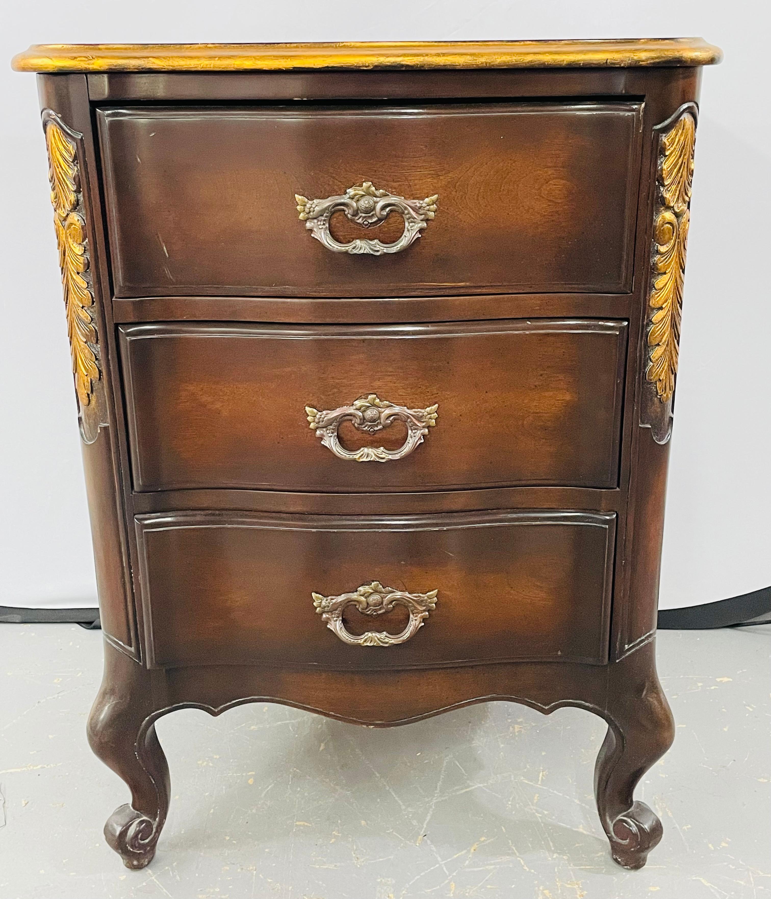 French Provincial 3 Drawer Mahogany Gilt Decorated Nightstand Table, a Pair 4