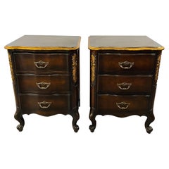 French Provincial 3 Drawer Mahogany Gilt Decorated Nightstand Table, a Pair