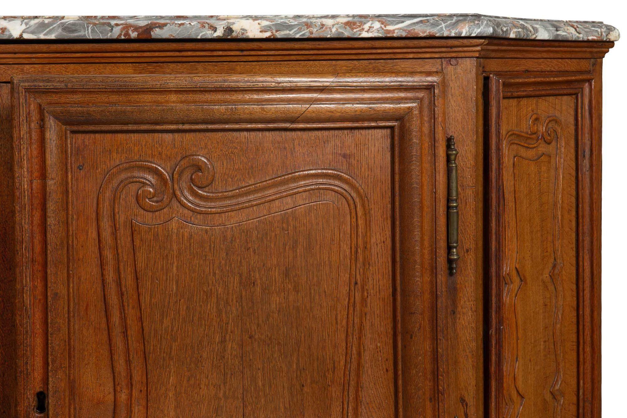 French Provincial Antique Oak and Marble Buffet Sideboard Cabinet ca. 1880 For Sale 9
