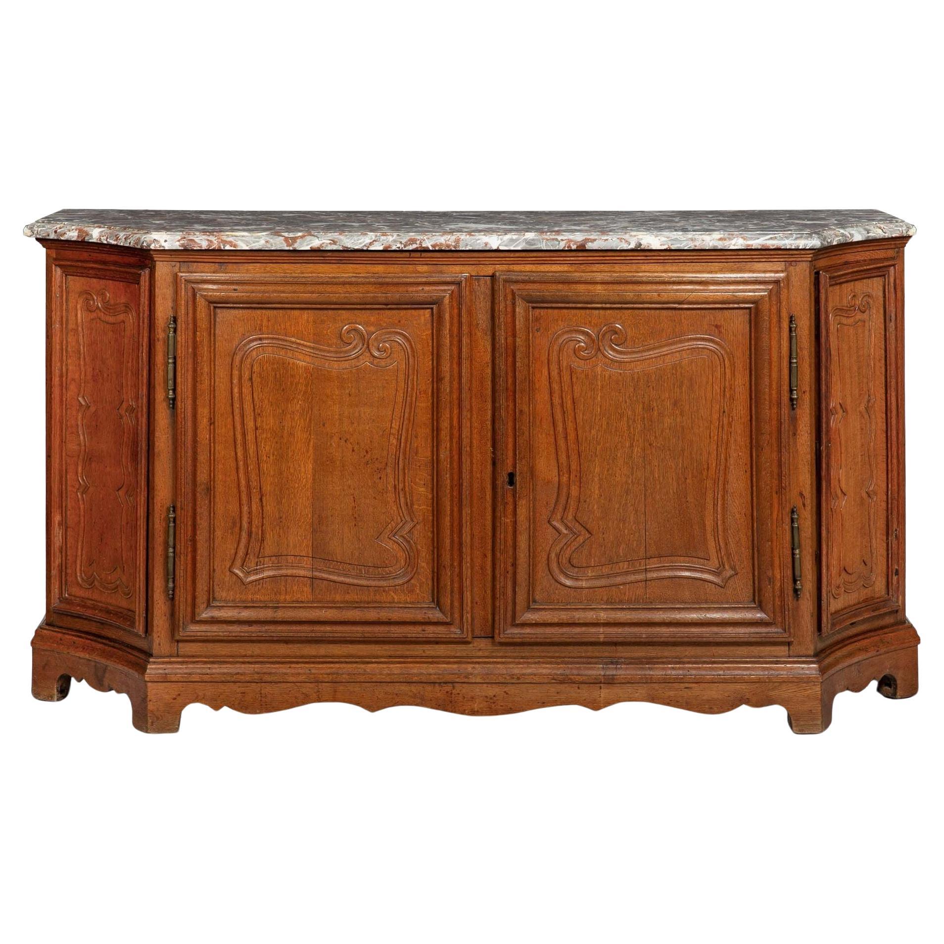 French Provincial Antique Oak and Marble Buffet Sideboard Cabinet ca. 1880