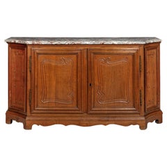 French Provincial Antique Oak and Marble Buffet Sideboard Cabinet ca. 1880