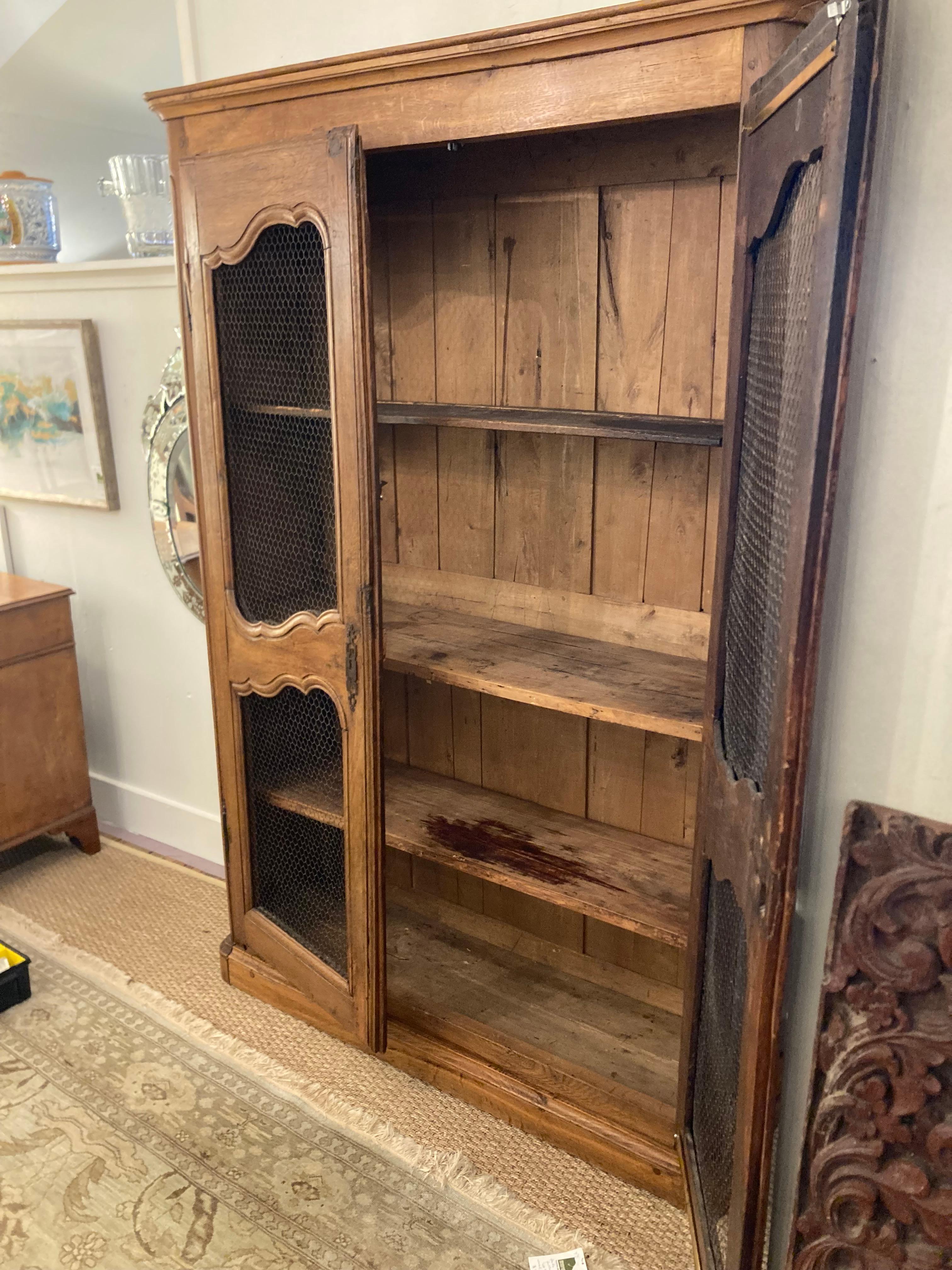 French Provincial Antique Oak and Wire Mesh Bookcase Cabinet For Sale ...