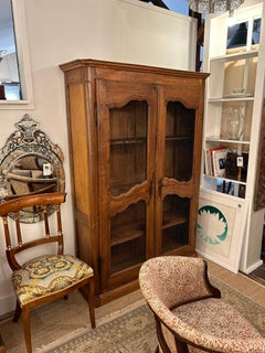 French Provincial Antique Oak and Wire Mesh Bookcase Cabinet