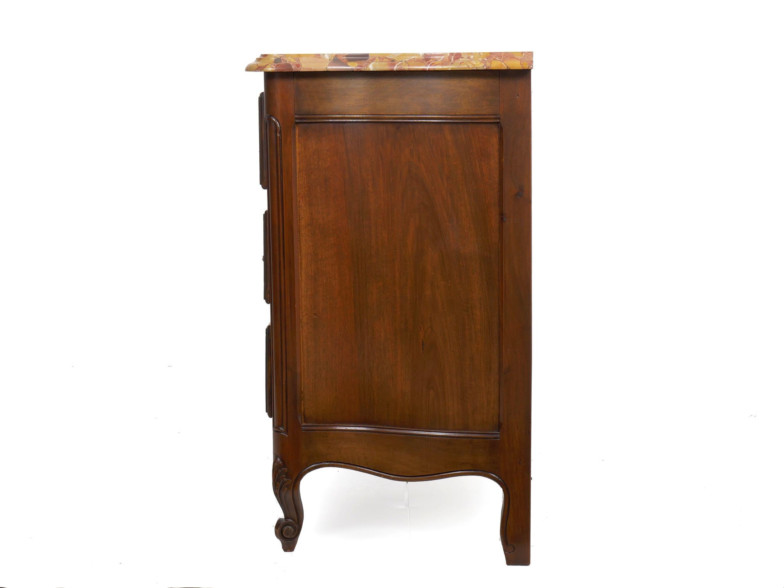 Carved French Provincial Antique Walnut Chest of Drawers with Marble Top