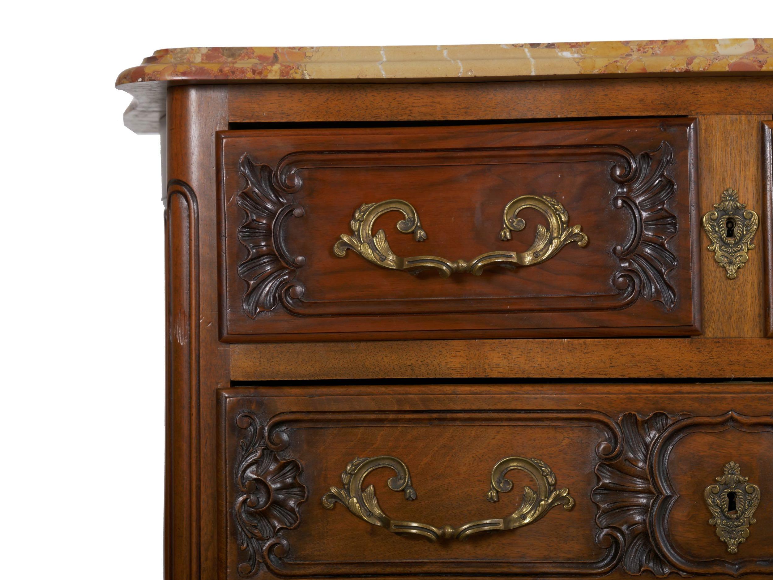 Brass French Provincial Antique Walnut Chest of Drawers with Marble Top