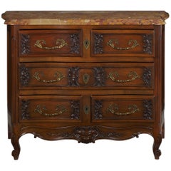French Provincial Vintage Walnut Chest of Drawers with Marble Top