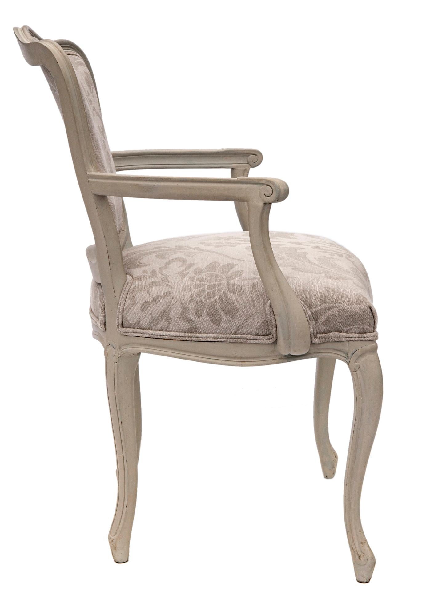 American French Provincial Armchair with Romo Linen Upholstery in Gray For Sale