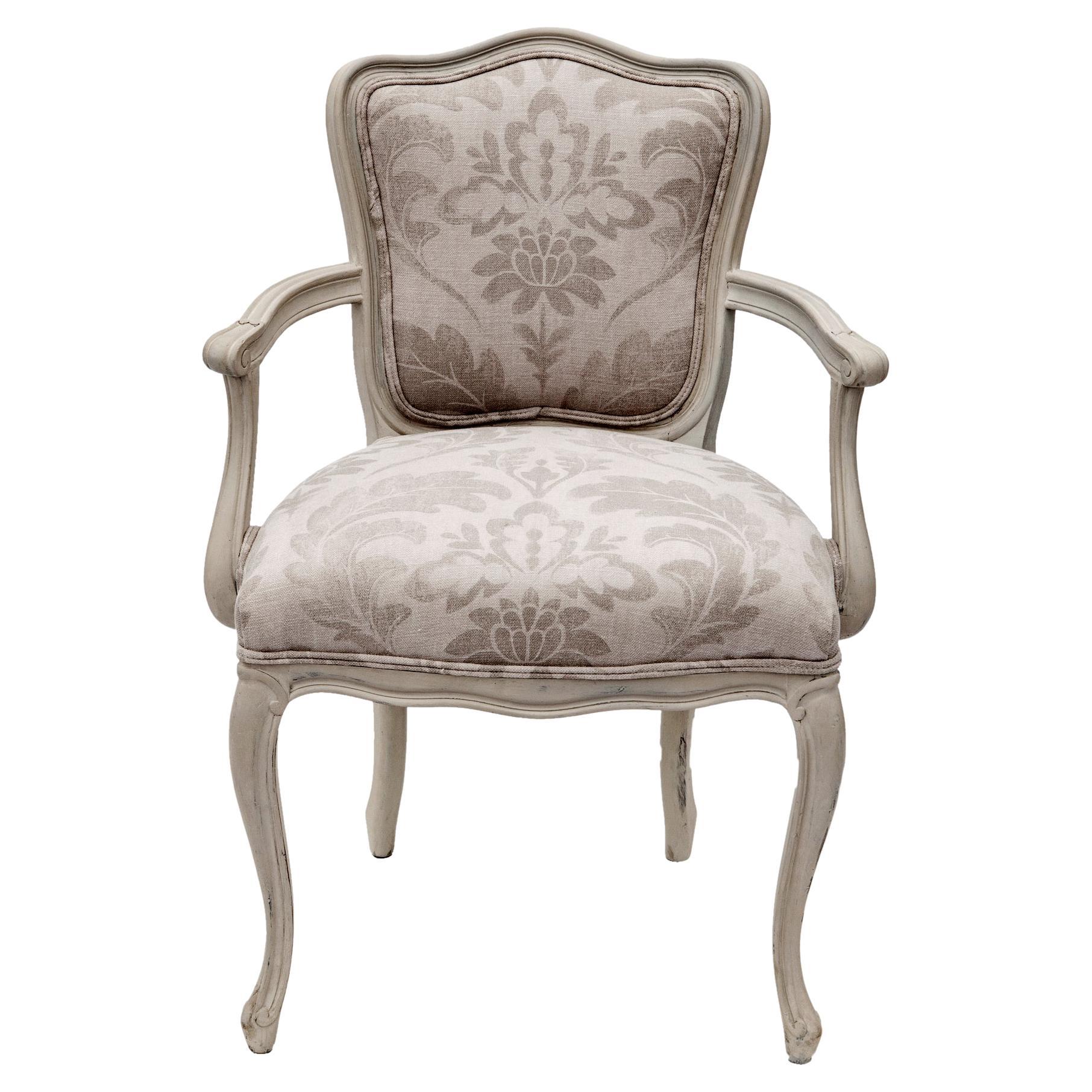 French Provincial Armchair with Romo Linen Upholstery in Gray For Sale