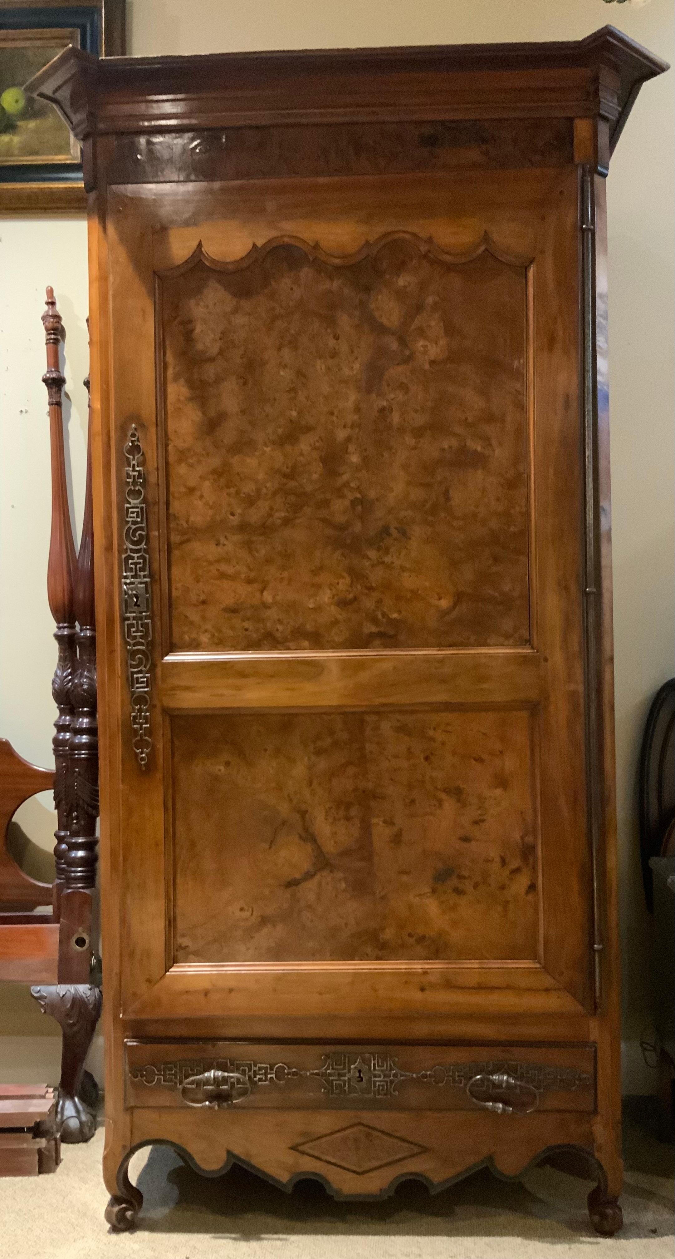 Louis XV French provincial armoire/Bonnetiere 19 th c burled walnut For Sale