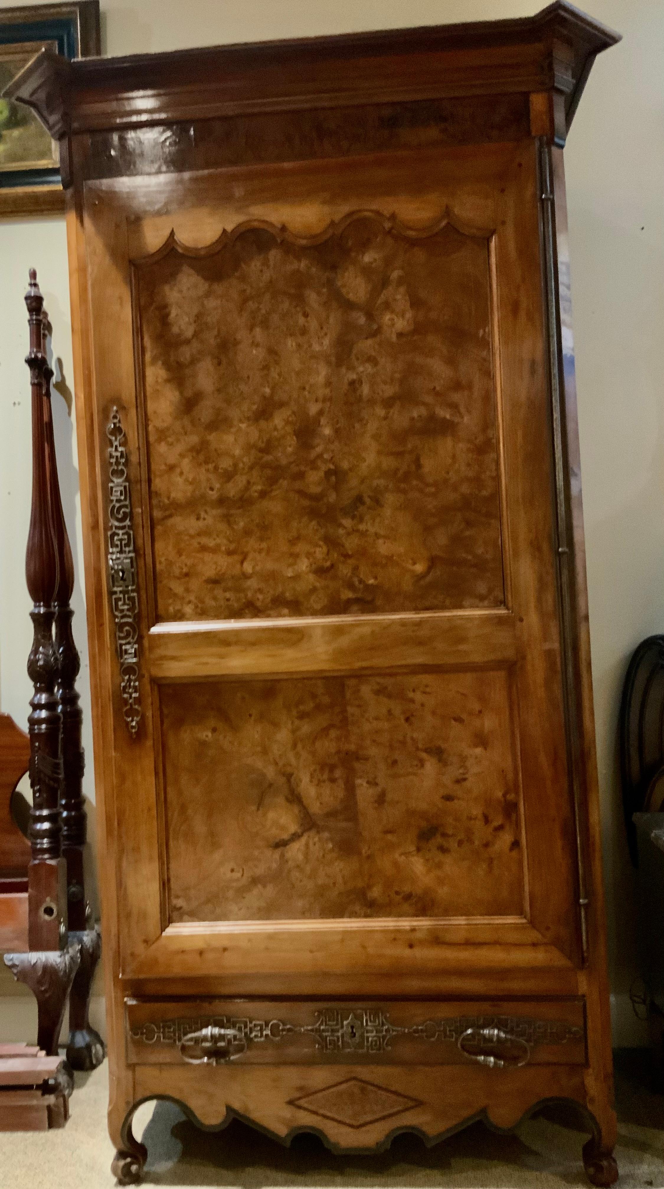 19th Century French provincial armoire/Bonnetiere 19 th c burled walnut For Sale