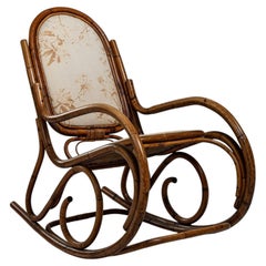 French Provincial Bamboo Rocking Chair, Distressed Cream Finish, 1960s