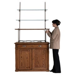 French Provincial Bar Cabinet in Dark Oak with Glass Shelves, 1900s