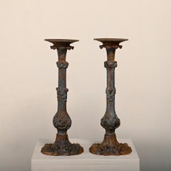 French Provincial beautiful aged cast iron Candlesticks, 1930s