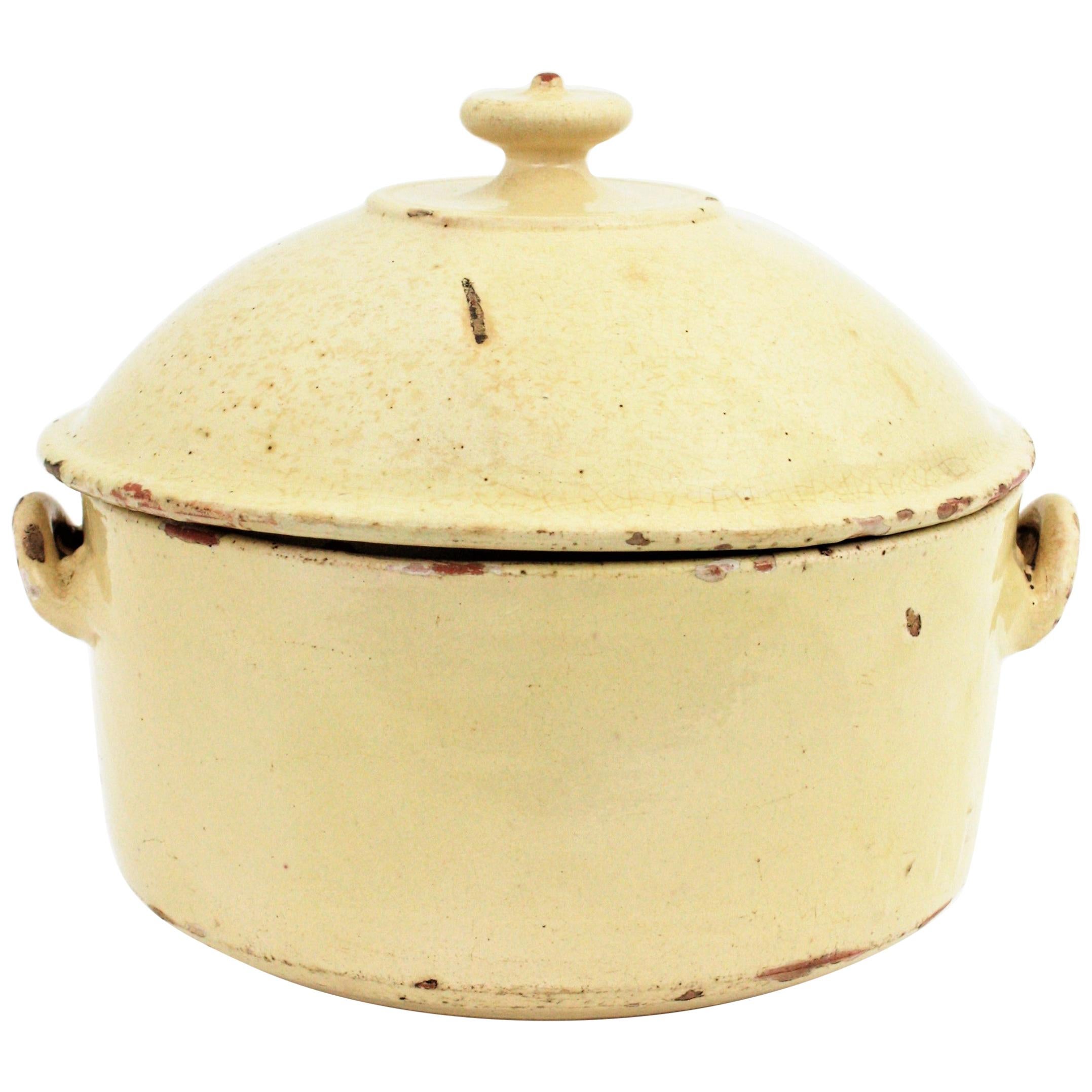 French Provincial Beige Glazed Terracotta Casserole Tureen For Sale