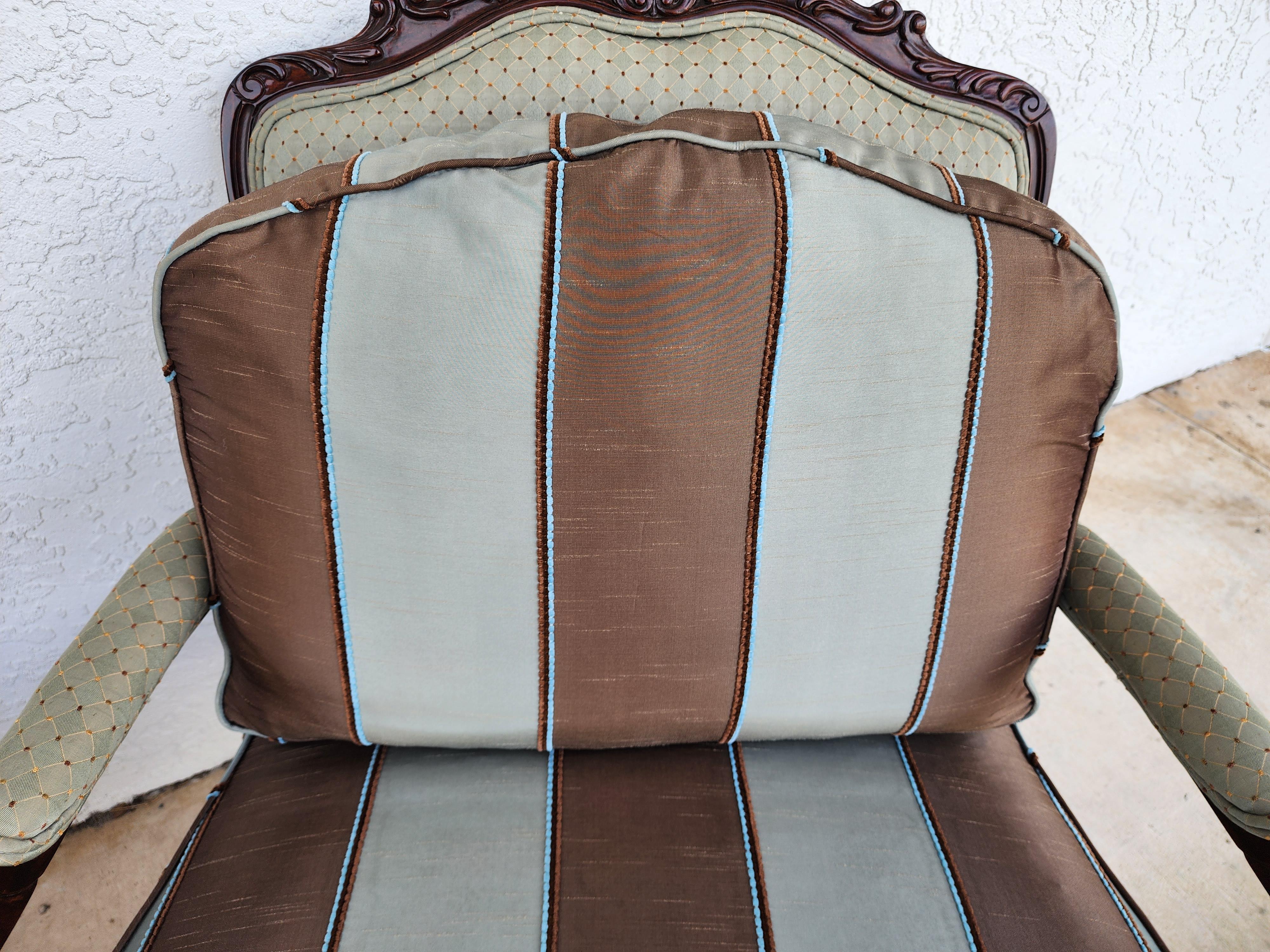 French Provincial Bergere Lounge Chairs Louis XV Silk For Sale 8