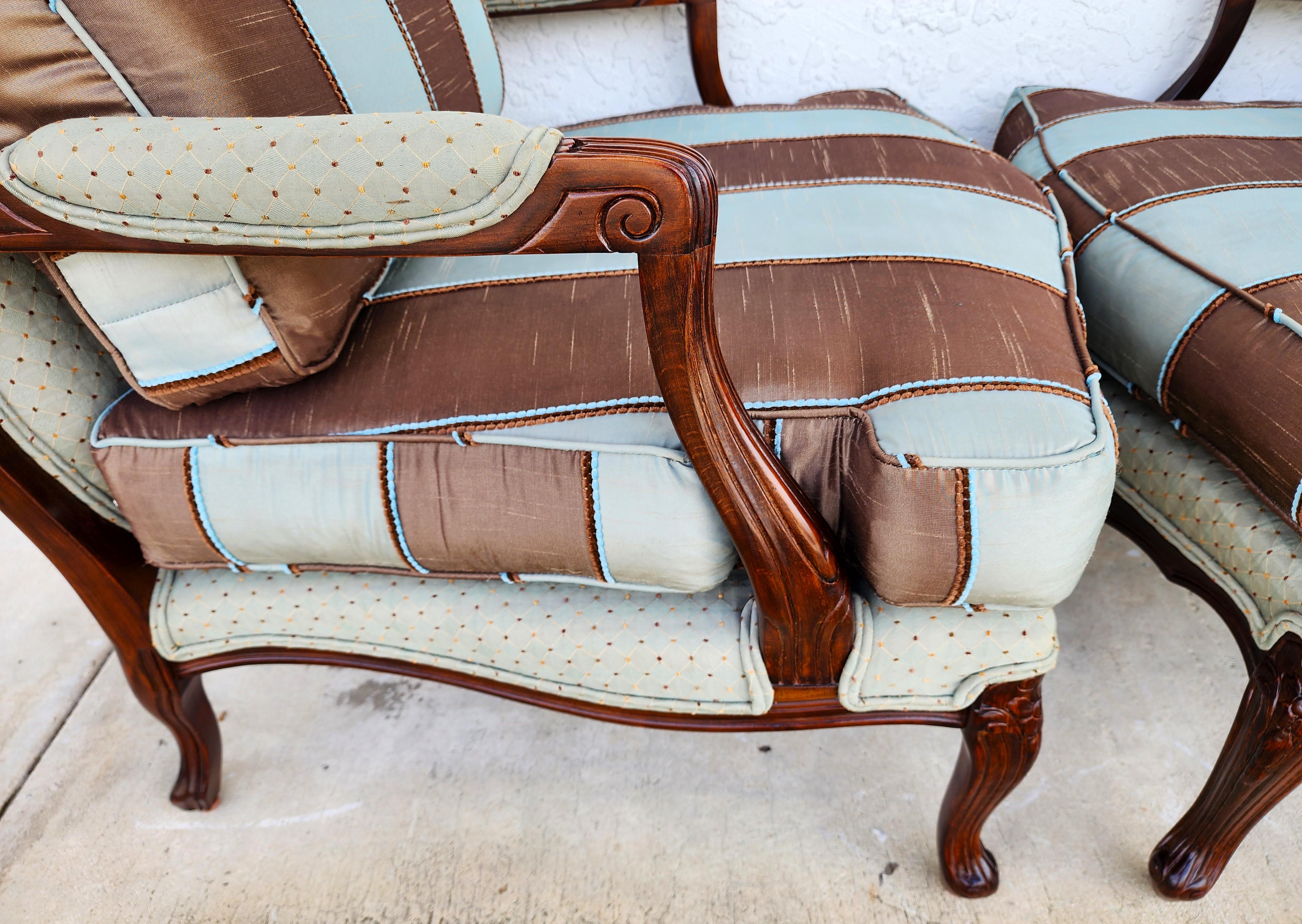 French Provincial Bergere Lounge Chairs Louis XV Silk For Sale 11