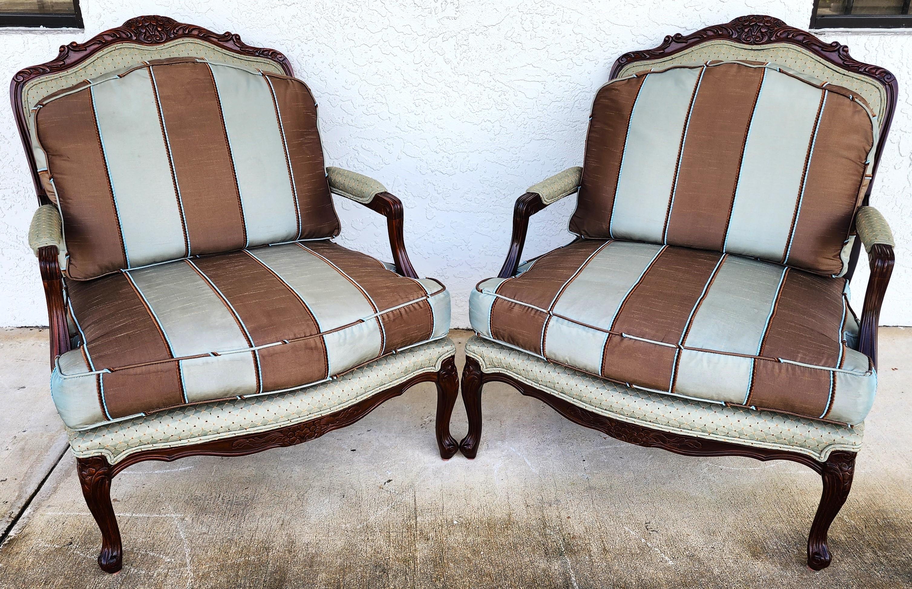 For FULL item description click on CONTINUE READING at the bottom of this page.

Offering One Of Our Recent Palm Beach Estate Fine Furniture Acquisitions Of A
Pair of Vintage French Louis XV Style Lounge Chairs 
Zippered cushions are silk. The rest