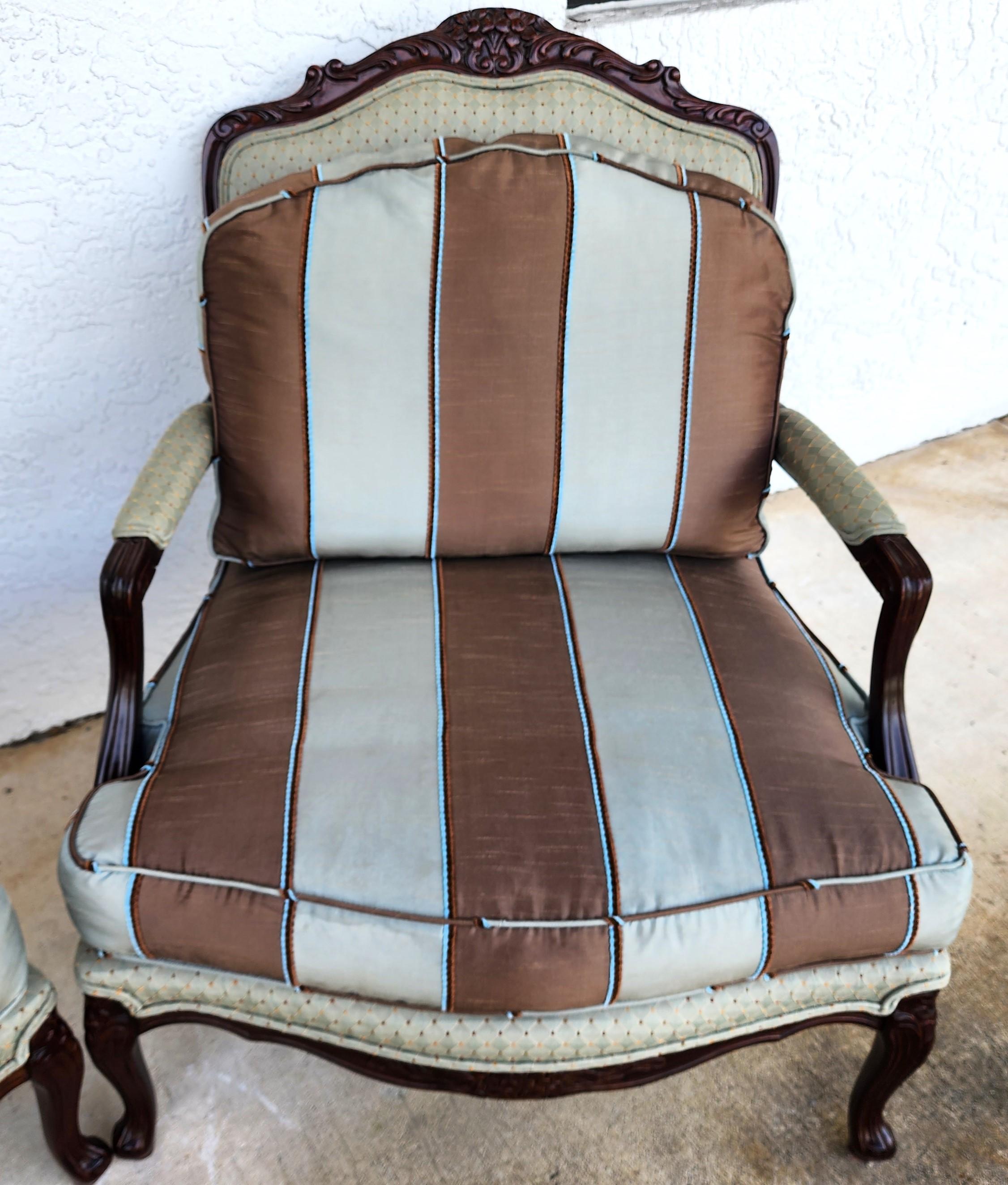 French Provincial Bergere Lounge Chairs Louis XV Silk For Sale 2